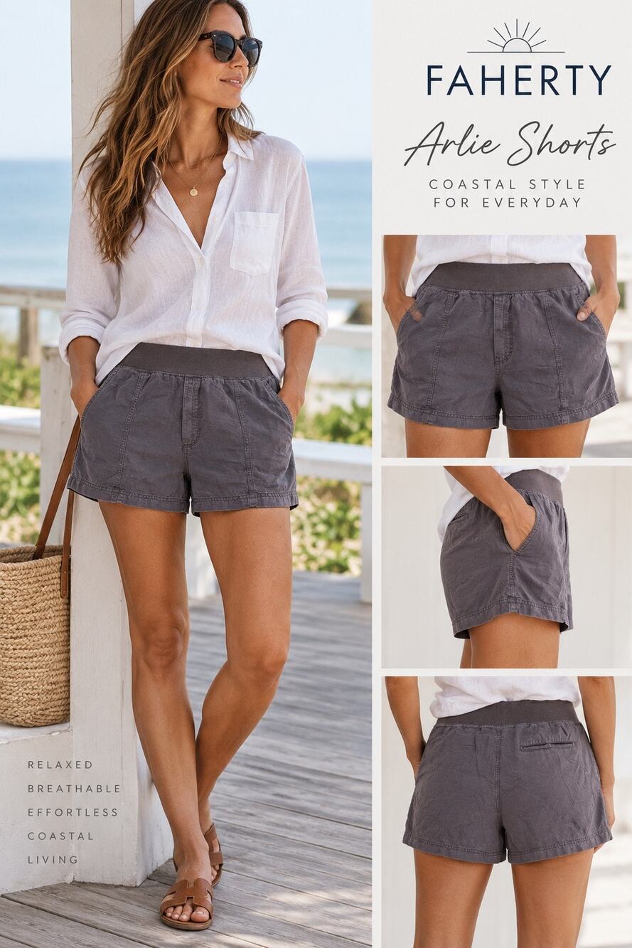 Coastal Casual Minimalist Linen Pull On Faherty Arlie Shorts Tencel Gray Size M